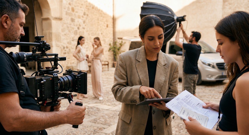 Director reviewing a tablet on set with camera crew and production team